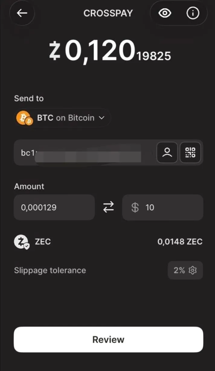 Conversione ZEC shielded in BTC su Zodl